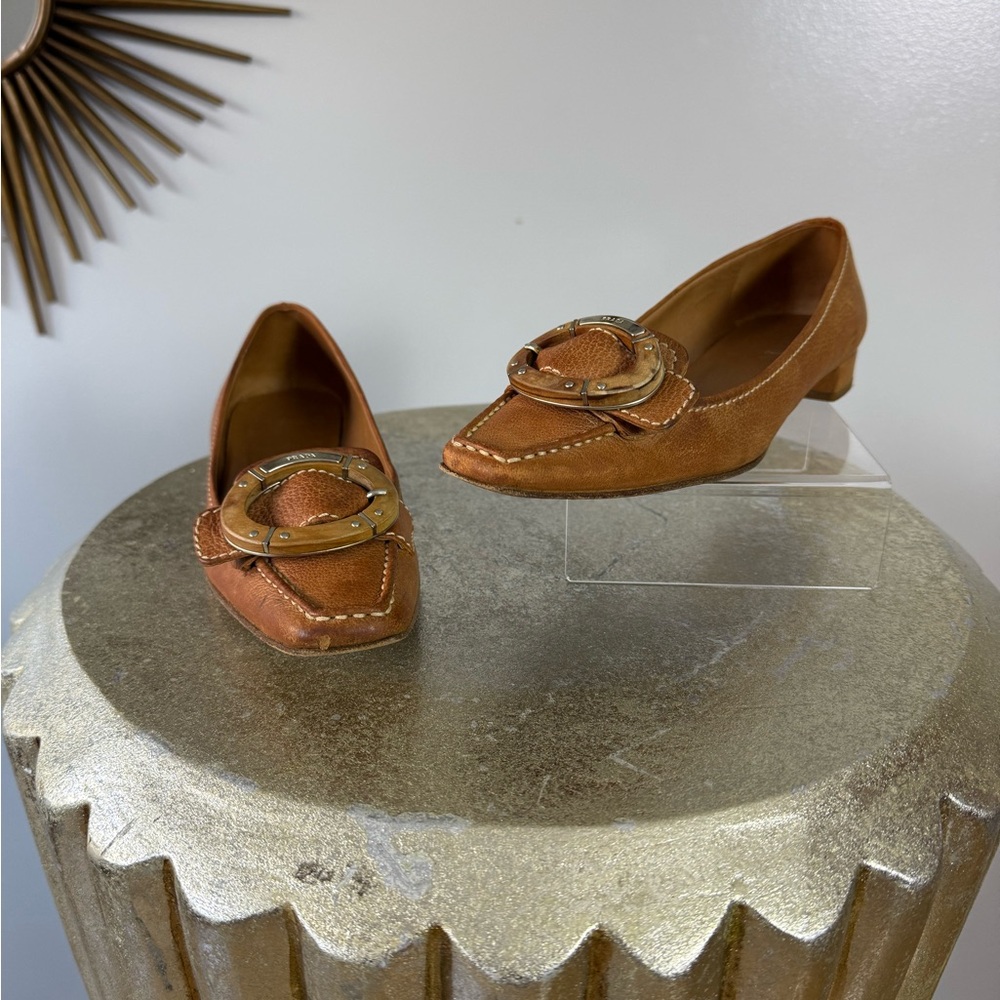 PRADA - Tan Leather Loafers with Wooden Accent
